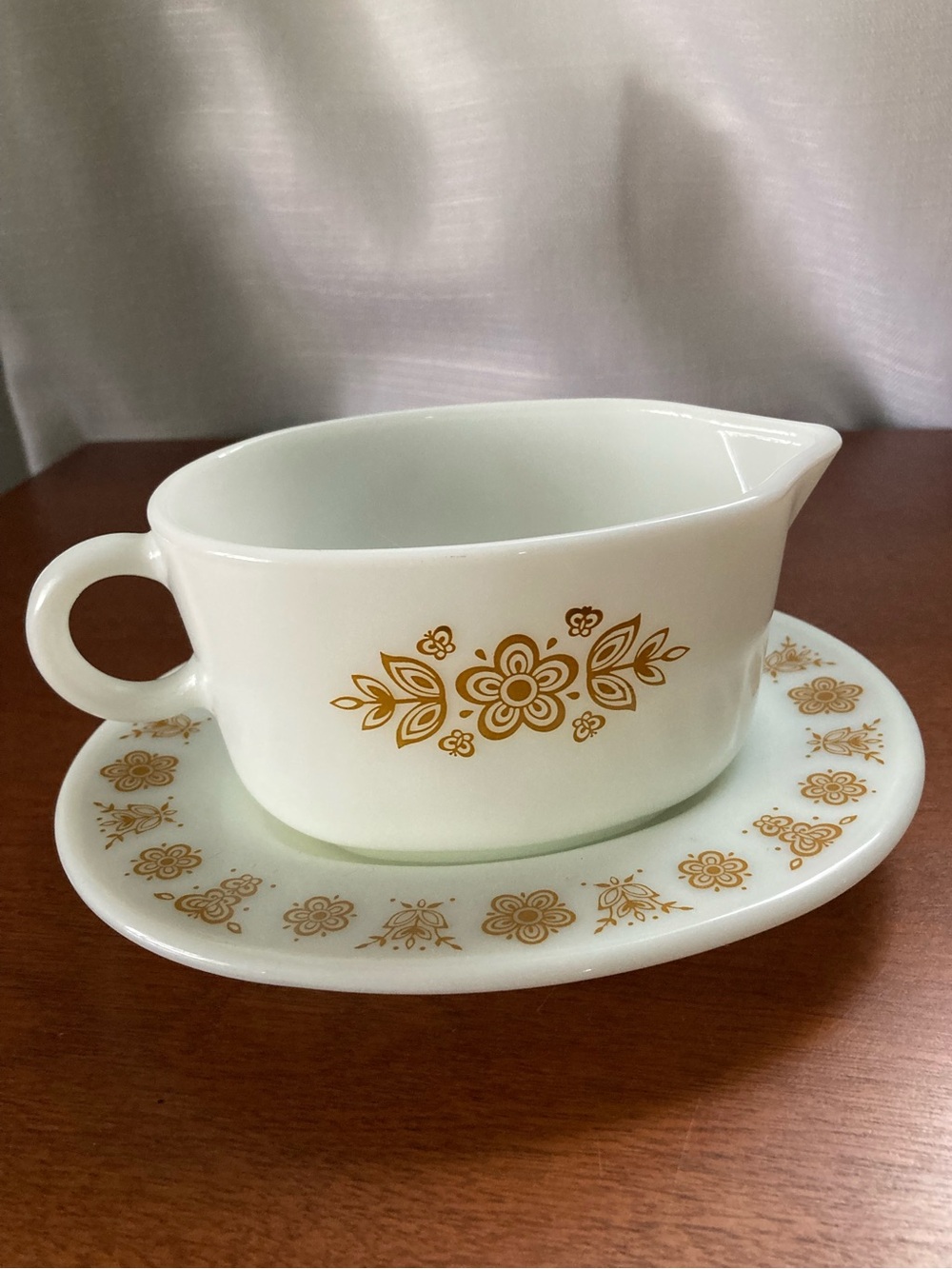 1970s PYREX Golden Butterfly Tulip Floral Gravy Boat with Saucer - Vintage PYREX